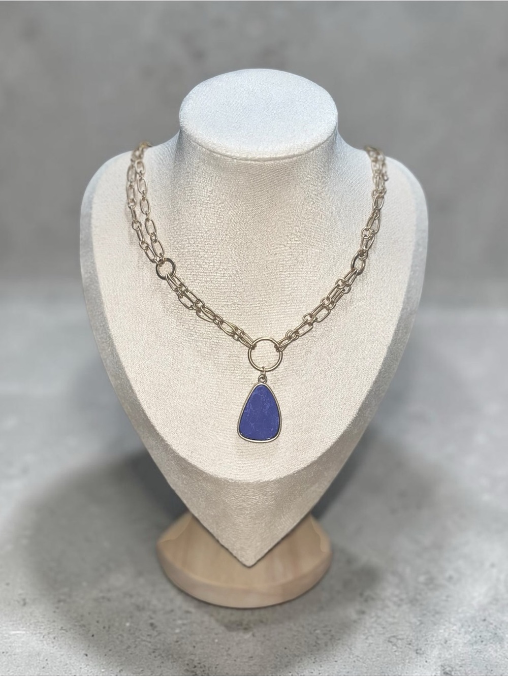 Gold Paperclip Double Chain Necklace with Purple Teardrop Faux Charoite Pendant